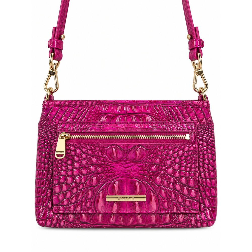 Brahmin Melbourne Pink Iridescent Embossed Leather Crossbody Bag Fuchsia Gold